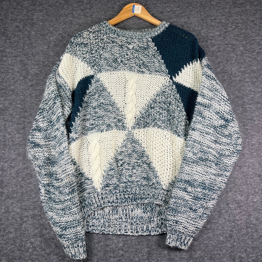 Cedar Creek Vintage 90s Chunky Knit Geometric Sweater Blue White Mens Large